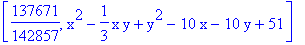 [137671/142857, x^2-1/3*x*y+y^2-10*x-10*y+51]